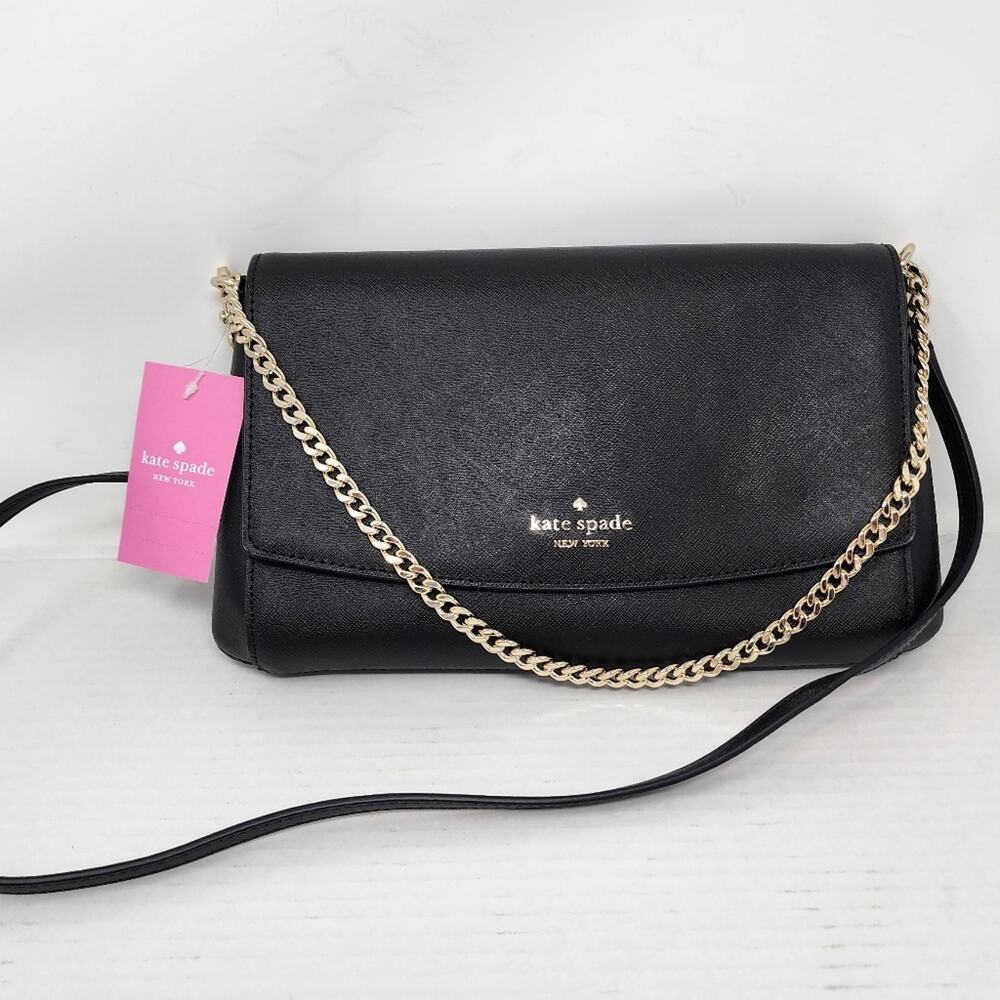 Kate Spade New Black Crossbody Laurel Way Shoulder Bag Leather‎ Silver Chain